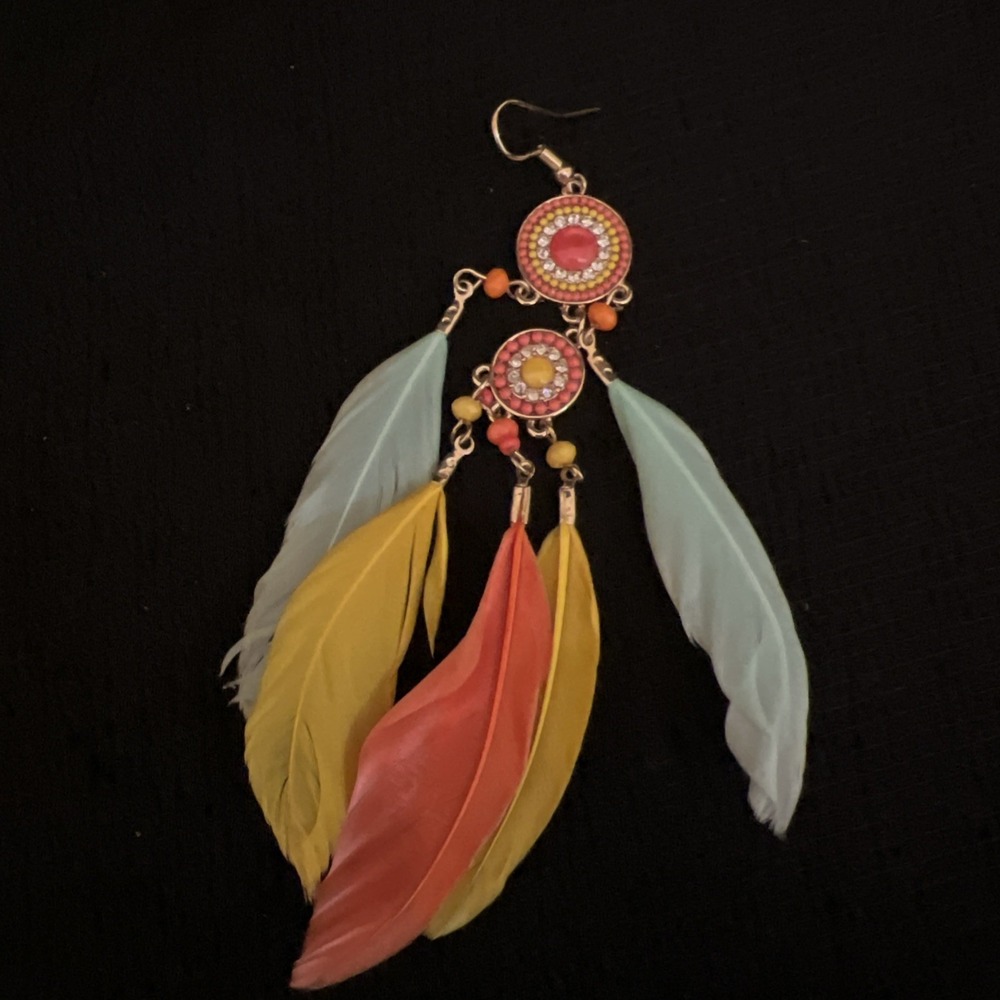 Boho Feather Single Dangle Earring Turquoise Yellow Orange Statement Earring - Picture 6 of 7